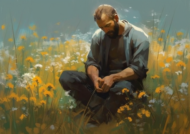 草地野花黄白色花簇中坐着打瞌睡欧式男人大叔,插画/手绘图,插画/手绘图库,插画/手绘图下载,插画/手绘